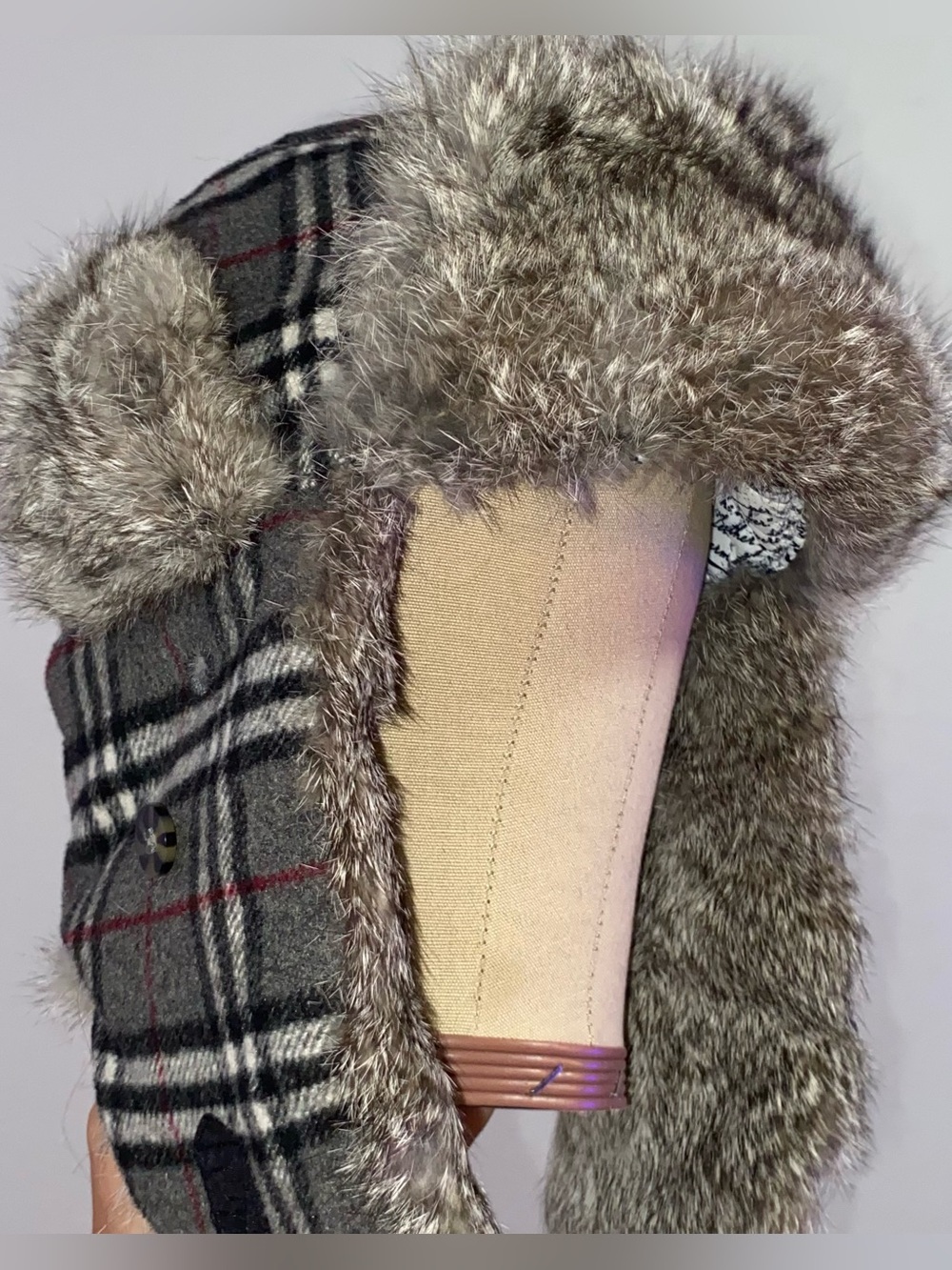 Mad Bomber Rabbit Fur Lined Wool Hat Plaid Flapper Hat